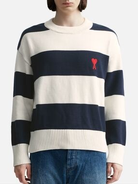 Ami Alexandre Mattiussi De Coeur Navy Cream Striped Crewneck Sweater Red Heart